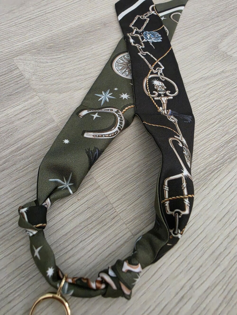 Equestrian Print Twilly Scarf Keychain in Olive & Black